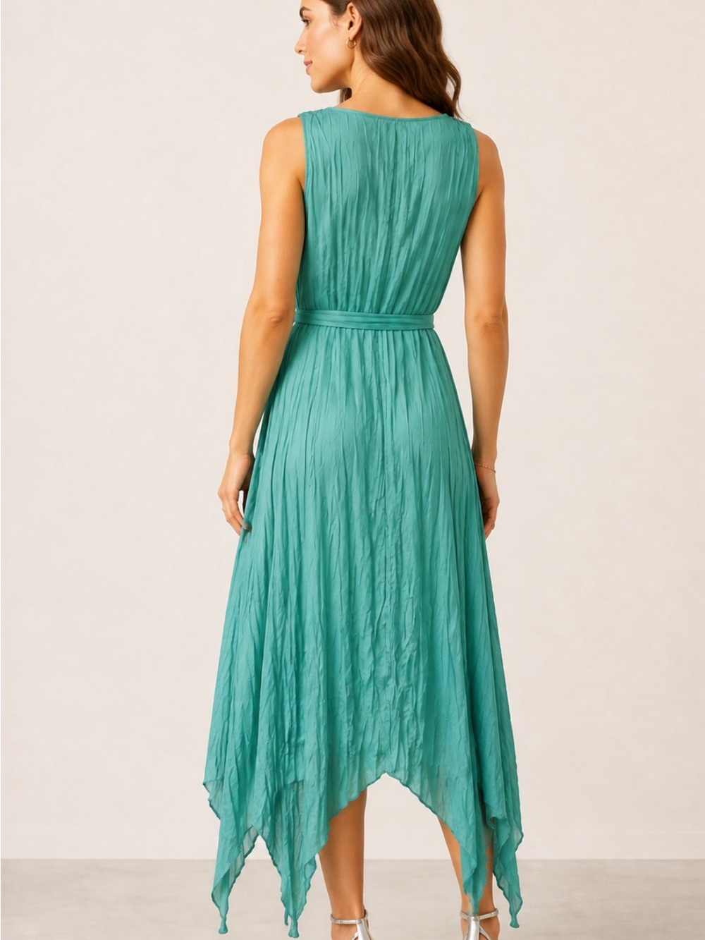 Sleeveless V-Neck Crinkled Midi Dress in Teal - Picture 2 of 5